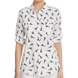 Karl Lagerfeld Paris Eiffel Tower Print Blouse Roll-Tab Sleeves Size Large